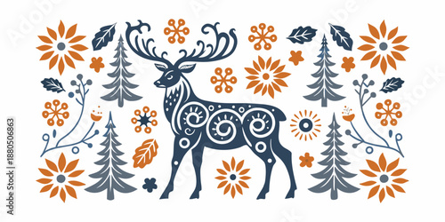 Stylized reindeer illustration surrounded by floral and evergreen botanical elements