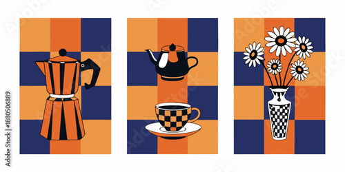 A colorful triptych featuring coffee pots flowers and checkered backgrounds