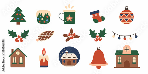 Festive christmas icons set trees stockings mugs and other holiday decorations