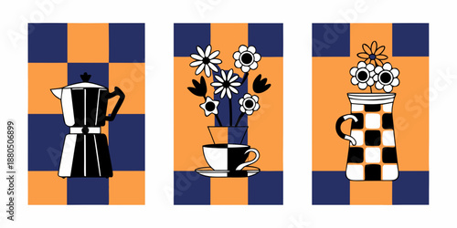 A modern triptych featuring coffee pots flowers and checkered backgrounds
