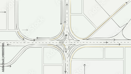 Aerial view of a complex road intersection with traffic flow arrows.