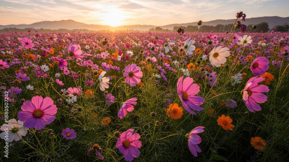 Obraz premium Vast Field of Colorful Cosmos Flowers at Sunrise.