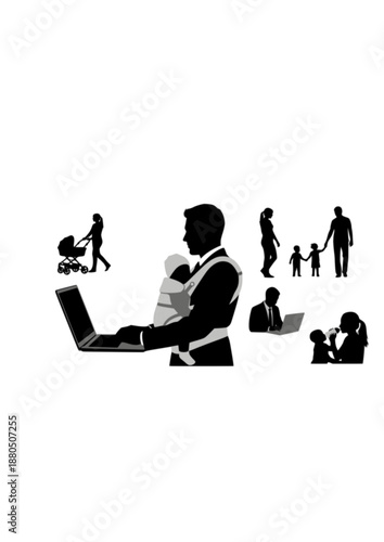 Modern family Silhouette, Businessfamily with Baby Carrier and Laptop, Work Life Balance and Parenting Concept Vector Illustration