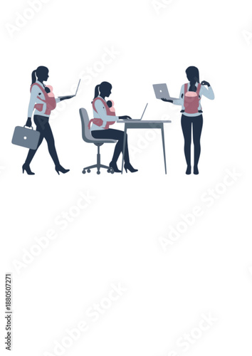 Modern family Silhouette, Businessfamily with Baby Carrier and Laptop, Work Life Balance and Parenting Concept Vector Illustration