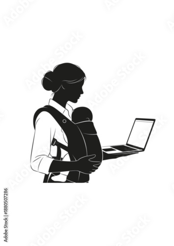 Modern motherhood Silhouette, Businesswoman with Baby Carrier and Laptop, Work Life Balance and Parenting Concept Vector Illustration