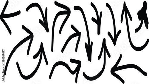 Collection of diverse black arrows, smooth lines on white
