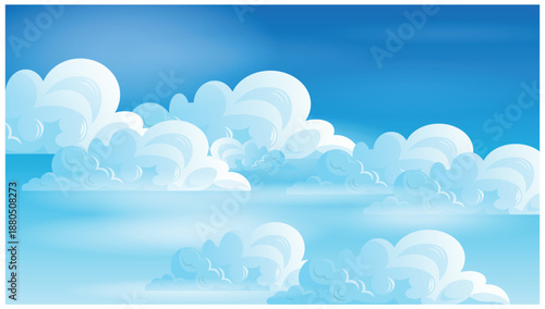Soft cloudy sky background illustration with layered white clouds in blue atmosphere