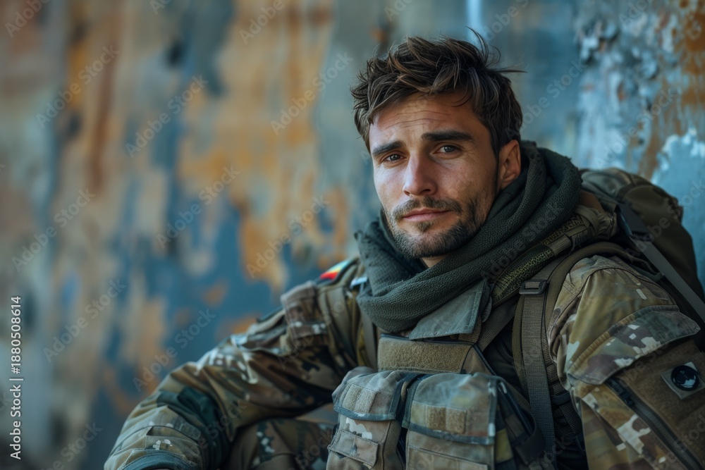 Fototapeta premium selective focus on close-up of journalist with military background covering frontline news