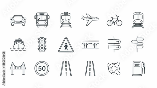 Collection of transportation and traffic icons in a simple line drawing style.