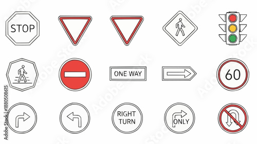 Collection of traffic signs and symbols for road safety.