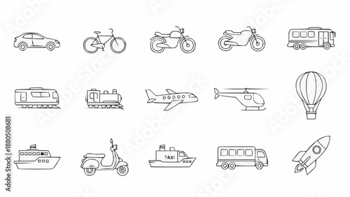 Collection of Hand Drawn Transportation Vehicles and Aircraft Icons.