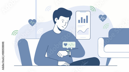 Man monitoring his health data on a smartwatch, connected to a smartphone displaying health analytics and heart rate information.