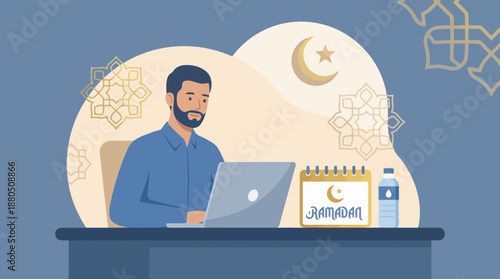 A bearded man working on a laptop at his desk during Ramadan, with a calendar and Islamic patterns in the background.