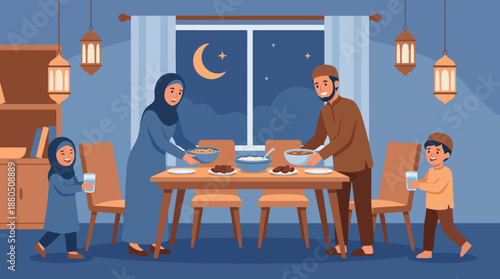 A Muslim family, including parents and two children, preparing for an evening meal at home, with food and drinks being placed on the dining table under a crescent moon.