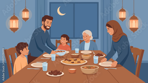 A Muslim family, including children and an elderly woman, gathers around a table for an Iftar meal during Ramadan, with lanterns and a crescent moon visible.