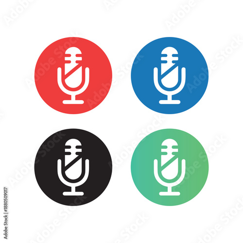 Set of four microphone icons in different colored circles red blue black and green gradient symbolizing voice recording podcasting audio and communication clean graphic design