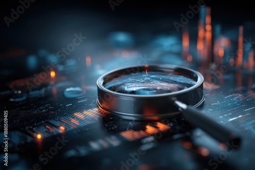 Exploring advanced SEO techniques with illuminated magnifying glass on digital circuit board displaying intricate data patterns