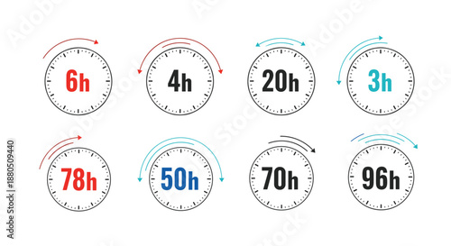 Collection of clock icons with varying hour markers like 6h, 20h, and 78h displayed with colorful circular arrows around them.