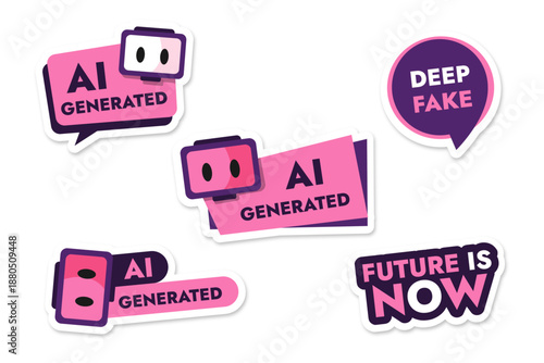 Purple pink set of stickers on the theme of AI generation with a robot