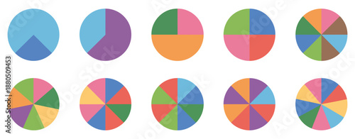 Circle diagram pie chart infographic design with flat process cycle, progress sectors and business statistics, colorful diagram collection with numbered sections from 1 to 10