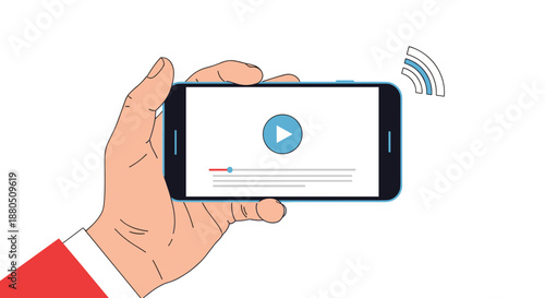 Human hand holds a smartphone in horizontal orientation displaying a video player interface with a play button and progress bar.