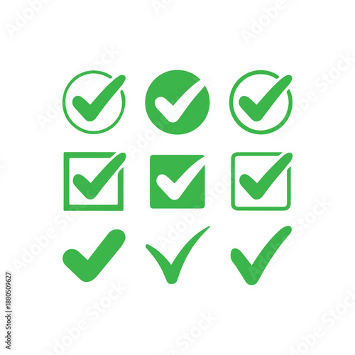 Collection of nine green checkmark icons in various styles including circles and squares representing agreement confirmation and completion for design projects isolated on a white