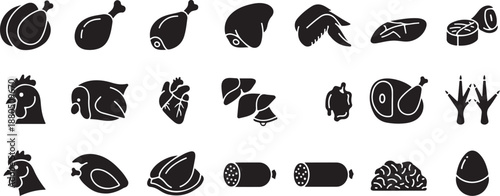 Chicken Meat Cuts and Organs Icons Isolated on White Background
