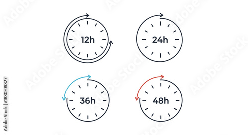 Four clock dials showing time intervals of 12, 24, 36, and 48 hours are arranged in a grid with colorful circular progress arrows.