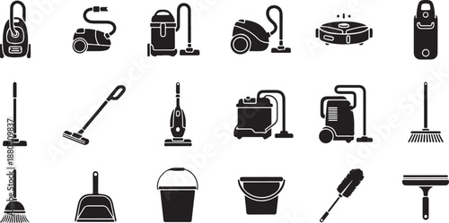 Cleaning Equipment Icons: Vacuums, Brooms, Buckets, Dusters Isolated on white background