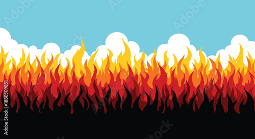 Intense wall of red and orange flames rises up towards a bright blue sky filled with white puffy clouds in a stylized landscape.