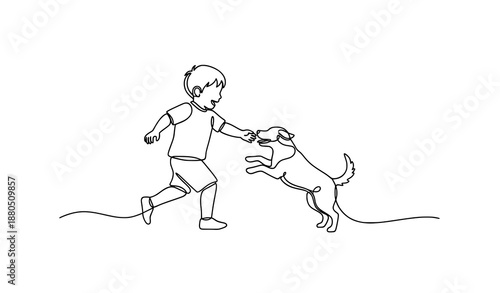 Minimal continuous line happy boy playing with dog vector illustration