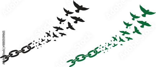 Black History Month Freedom Concept with Broken Chain and Flying Birds Silhouette Vector