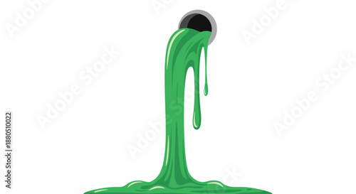 Thick green radioactive slime or toxic waste flows out of a dark industrial pipe and puddles on the ground in a solid stream.