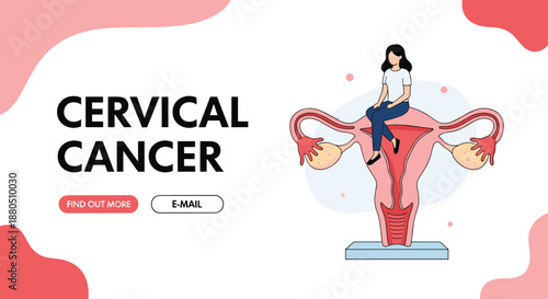 Medical awareness banner for cervical cancer features a woman sitting on a giant stylized illustration of a female reproductive system.