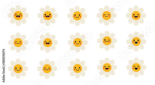 Grid of cheerful white daisy flowers with yellow centers displaying various funny emoji expressions like happy, winking, and sad.