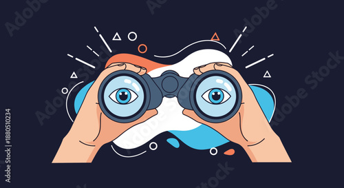 Pair of hands holds black binoculars with eyes visible in the lenses against a dark background with abstract shapes and lines.
