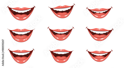 Collection of nine diverse smiling human mouths with white teeth and pink lips shows a range of happy and joyful expressions.