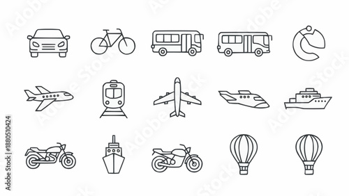 Collection of Transportation Icons Vector Line Art.