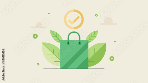 Green shopping bag with leaves and checkmark symbolizing eco-friendly choices and mindful consumption