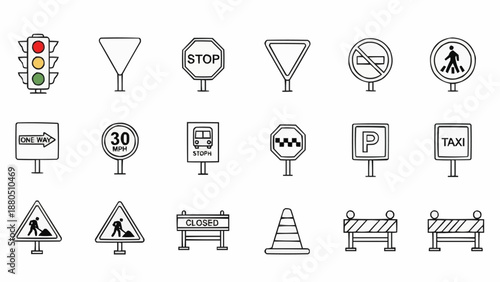 Collection of traffic and road signs illustration.
