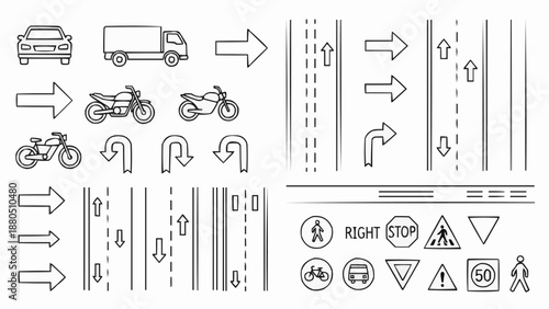 Collection of Transportation Icons and Road Signs.