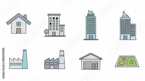 Collection of diverse building icons representing different structures.