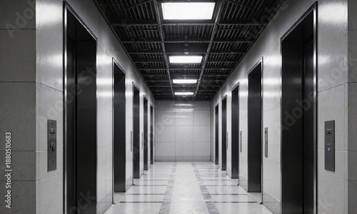 Vacant elevator hall Empty industrial hall with elevator shaft doorways but no elevators, repeating patterns captured wide for rhythm