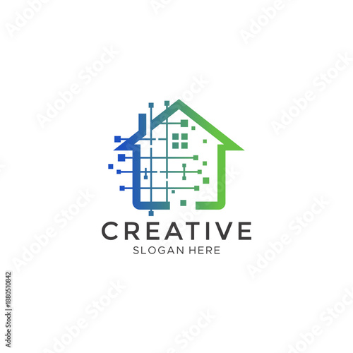 Smart Home Logo Design with Digital House and Circuit Technology Icon for PropTech, Home Automation, and Real Estate Security Systems Branding
