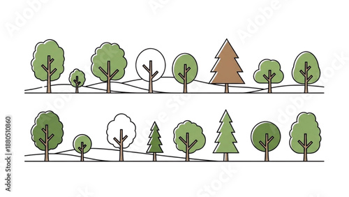 Illustration of simple tree silhouettes with varying shapes and a triangular form in a landscape view