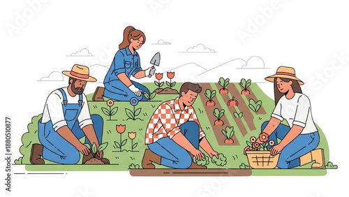 Farmers tending to lush green plants in a vibrant garden landscape from an aerial viewpoint