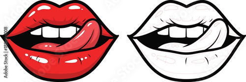 Cartoon illustration of red and white lips with tongues out and teeth showing  mouth expressions  emoticons