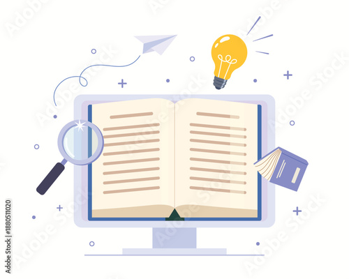 Magnifying glass, book and light bulb idea for online education concept. Education and learning vector concept.