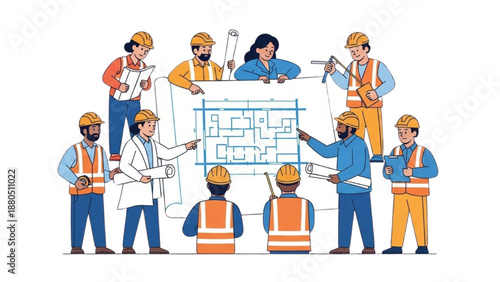 Team of construction workers collaborating on a blueprint in an industrial setting from a frontal viewpoint