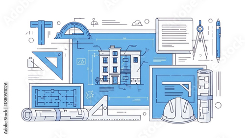 Architectural design elements and tools illustration on a blue background from a top-down viewpoint